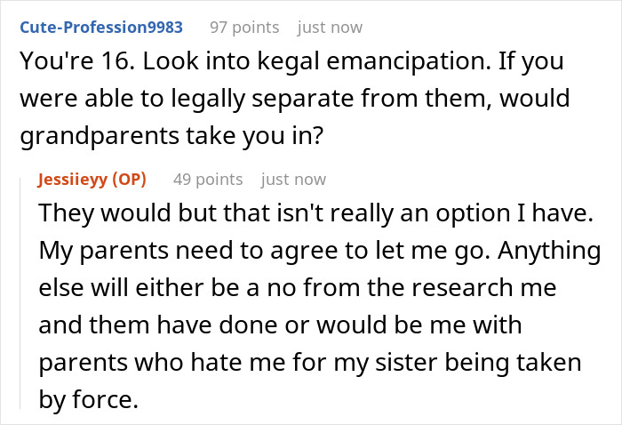 Text conversation about a 16-year-old feeling trapped due to mentally unstable sister and family prioritization issues.