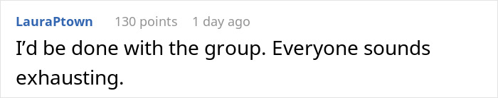 Screenshot of a forum comment expressing frustration, related to a woman storming out of Friendsgiving over dress-code betrayal. Screenshot of a forum comment expressing frustration, related to a woman storming out of Friendsgiving over dress-code betrayal.