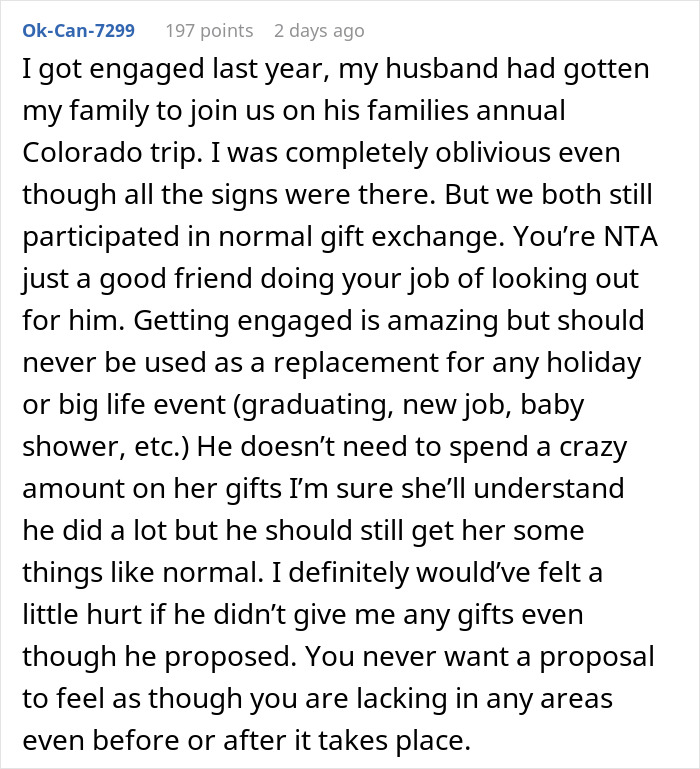 Comment discussing a man thinking a proposal counts as a Christmas gift and receiving a reality check.
