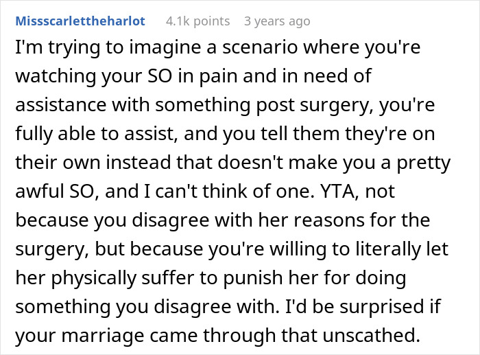 Screenshot of a social media comment discussing refusing help to recover from cosmetic surgery and its emotional impact.