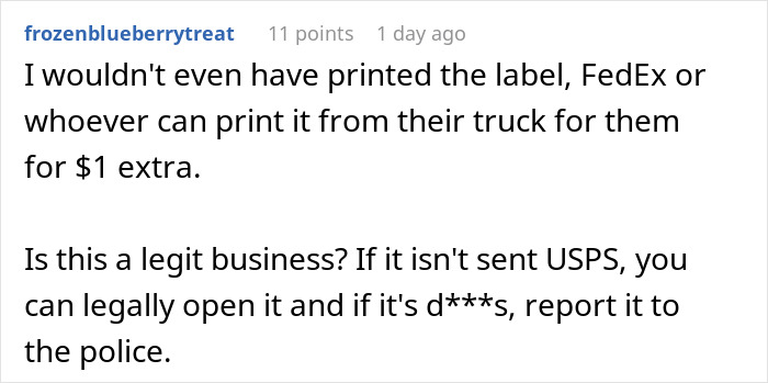 Comment discussing company's mistake in sending packages to wrong address and refusing to cover return shipping costs.