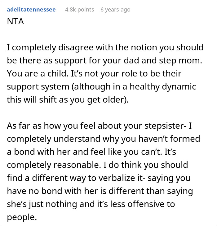 Commenter advising a sad teen refusing to visit special needs stepsister in hospital, explaining emotional boundaries and empathy.