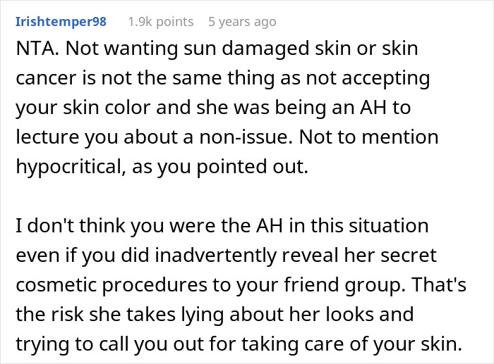 Screenshot of a Reddit comment discussing skin acceptance and a lecture about cosmetic surgery and skin color.