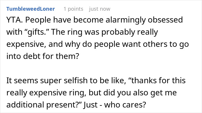 Man thinks proposal counts as Christmas gift, sparking debate about expectations and realities of holiday presents.
