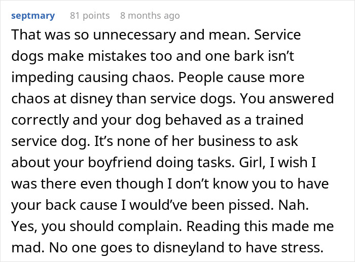 Comment about Disneyland security questioning a disabled woman's service dog and boyfriend, supporting service dog rights.