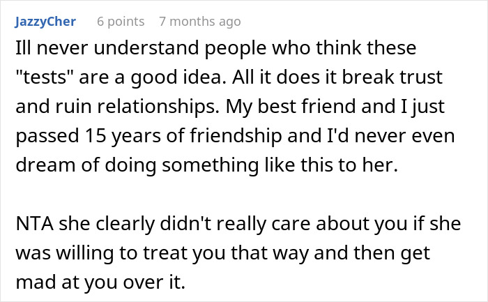 User comment discussing trust issues after a guy fails to pass lady's unexpected loyalty test in a longtime friendship.