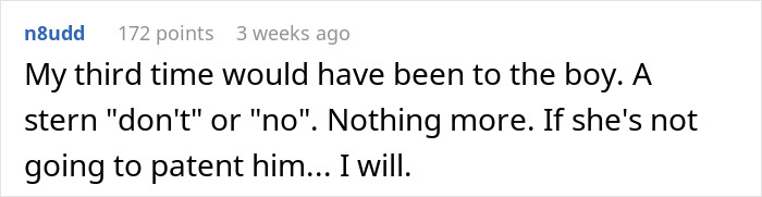 Comment on a forum post about a mom refusing to discipline her son for bullying a girl, blaming his behavior on his gender.