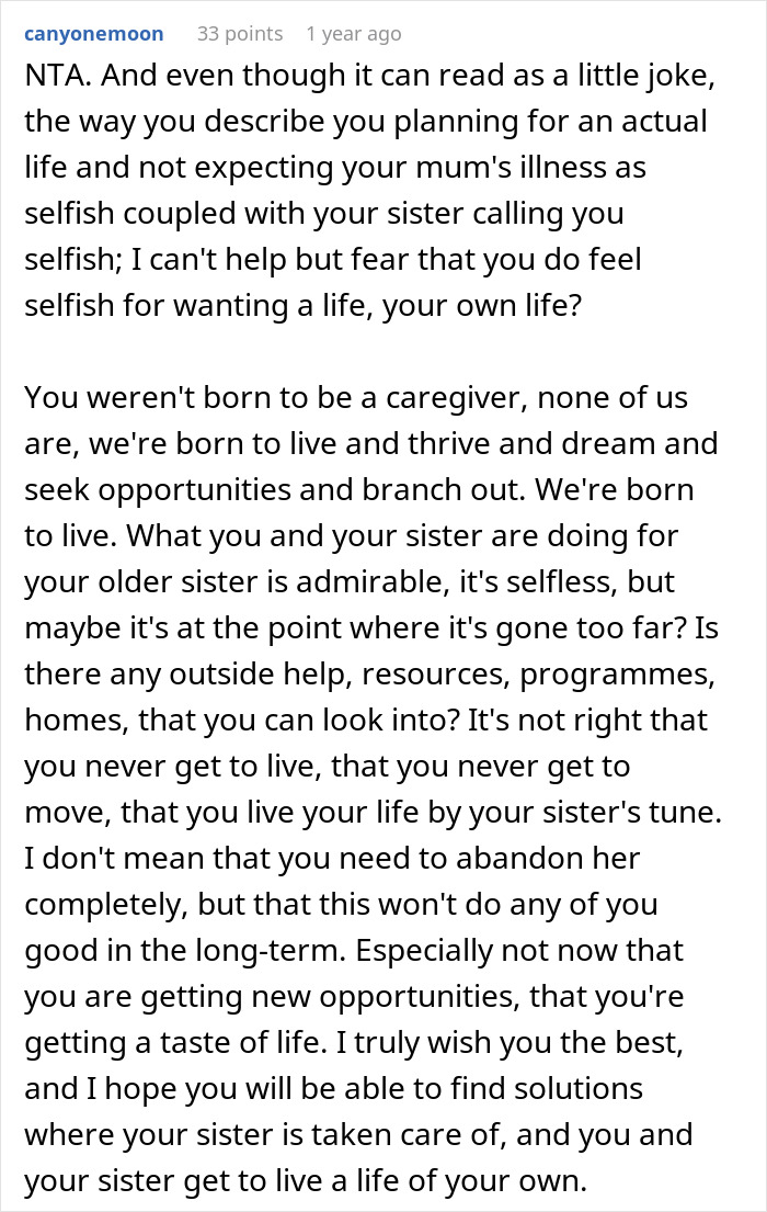 Comment discussing caretaker frustrations and guilt trips after sacrificing career and personal life for caregiving duties.