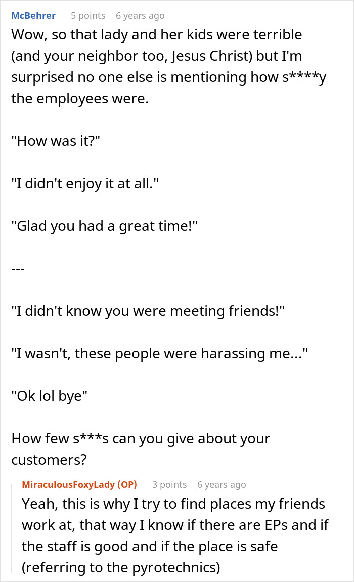 Screenshot of a Reddit conversation discussing entitled parents and poor customer service at a haunted hayride event.