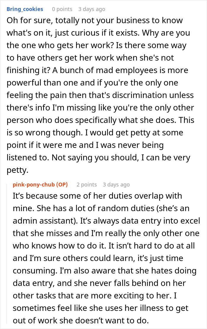 Screenshot of a text conversation discussing coworker duties and frustration over shared work responsibilities.