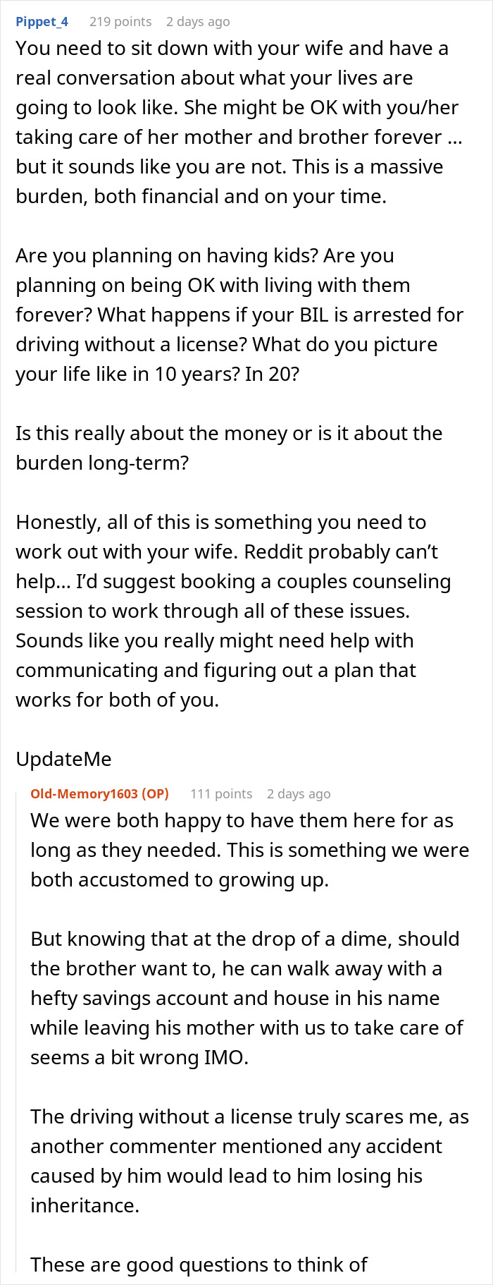 Reddit advice discussing man supporting in-laws and conflict over mother-in-law cutting wife out of will.