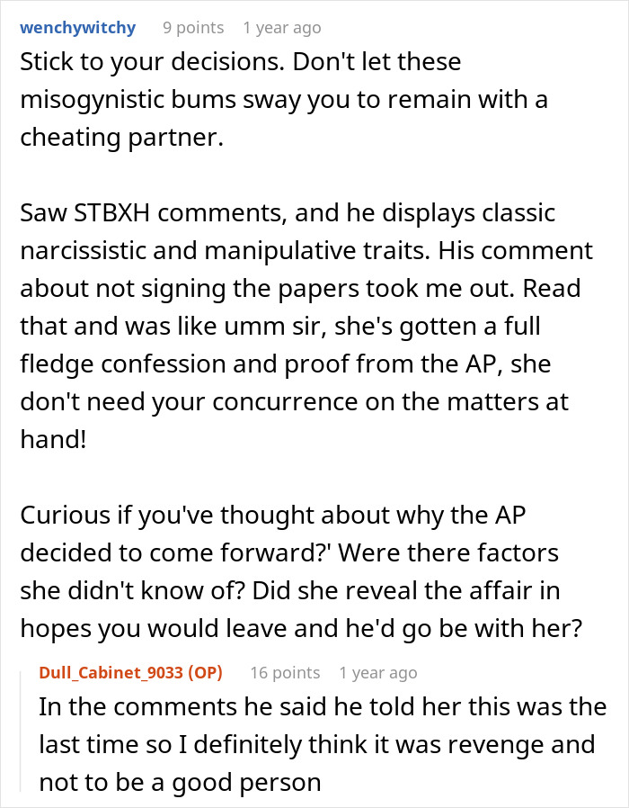 Comment discussion about man cheating during wife's pregnancy and postpartum, with claims about breaking the home.