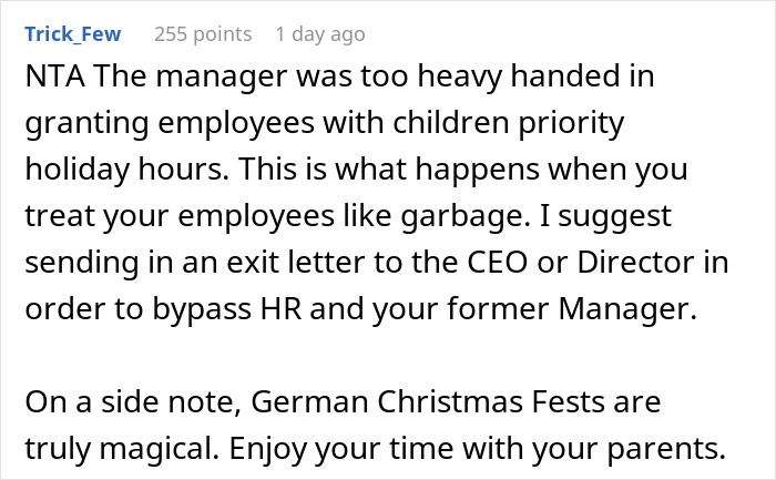 Screenshot of a forum comment discussing hospital&rsquo;s family first vacation policy causing a child-free employee to quit before Christmas.