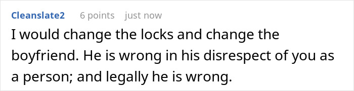 Comment discussing changing locks after guy secretly gives sister a key to girlfriend&rsquo;s house, causing girlfriend&rsquo;s anger.