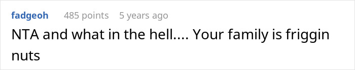 Screenshot of a Reddit comment reacting to parents demanding a woman give up an amazing career opportunity for her golden-child sister.