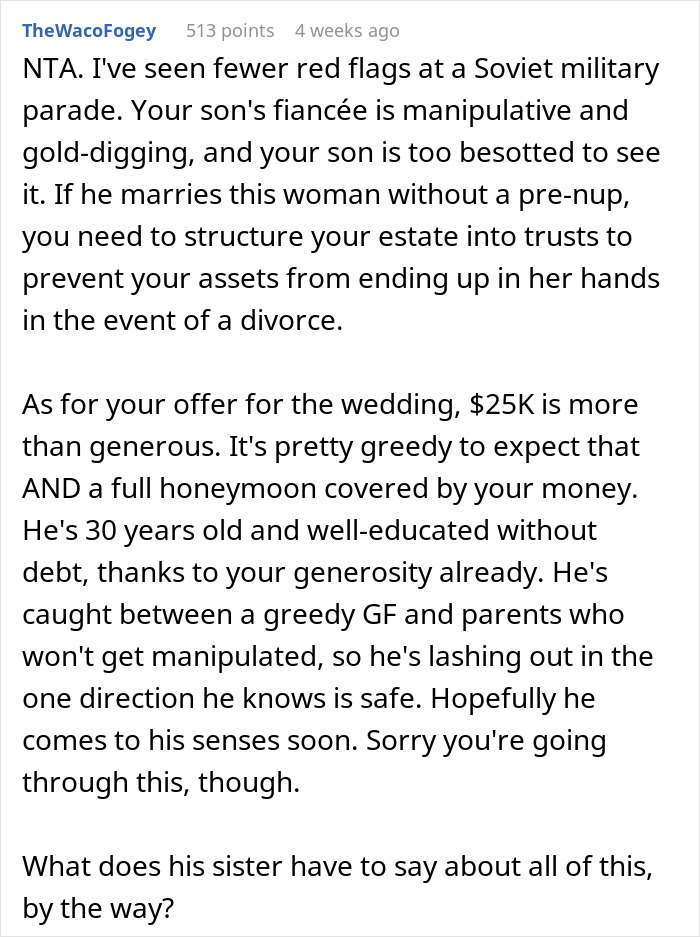 Red flags in future daughter-in-law demanding $80,000 wedding while wealthy in-laws require a prenup for protection.