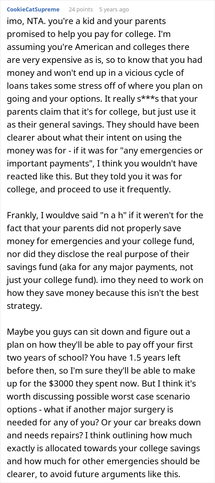 Screenshot of a Reddit comment discussing parents using a teen&rsquo;s $3k college fund for their cat&rsquo;s surgery.