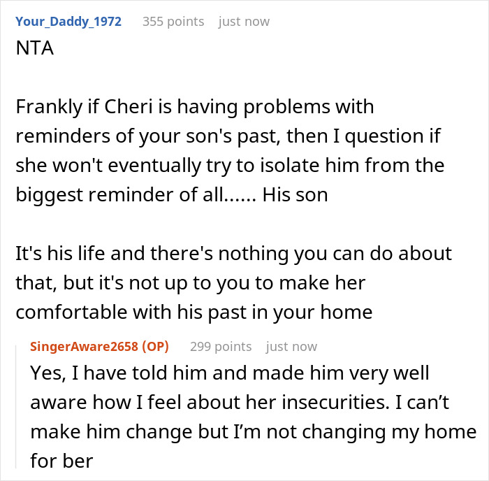 Conversation showing a jealous wife upset about hubby&rsquo;s mom having pictures of his ex in her house.