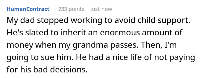 Reddit comment about a toxic guy avoiding child support, impacting his wife and child&rsquo;s life with delayed karma years later.
