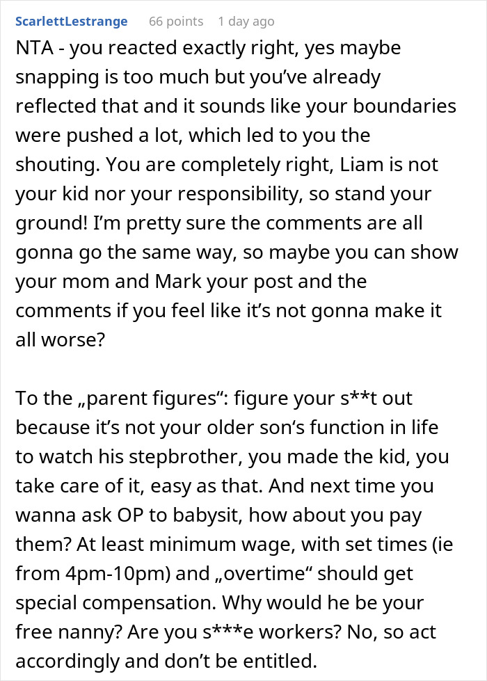 Commenter supports guy setting boundaries, saying GF's son is not his responsibility or free babysitter.