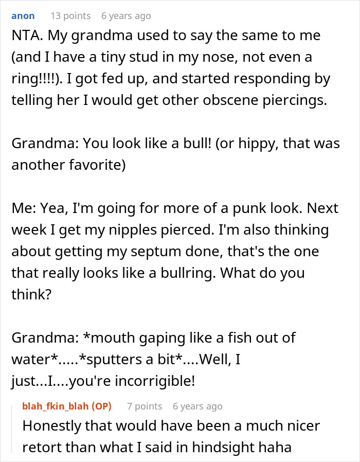 Text conversation about a grandma calling grandkid a bull due to nose ring, with grandkid planning more piercings and a punk look.