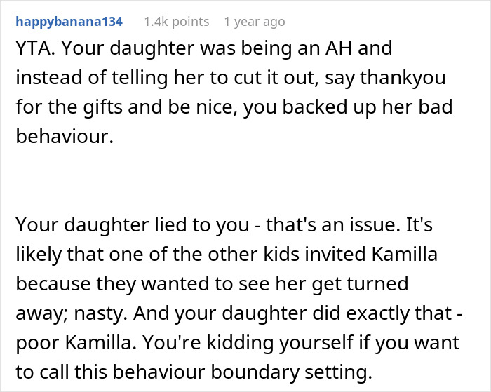 Comment criticizing mom for backing 13-year-old&rsquo;s mean plan to exclude one girl from school event.