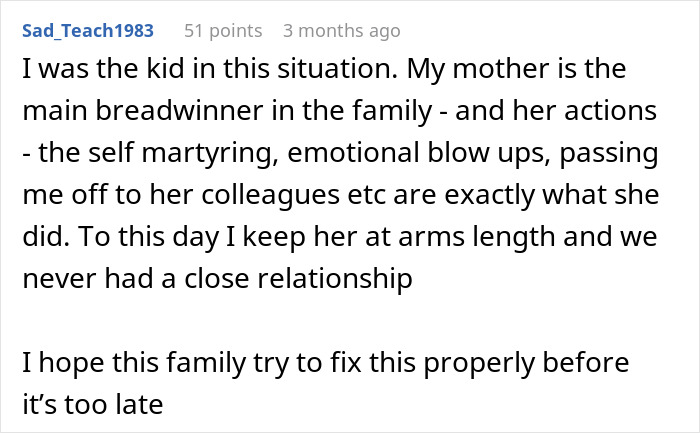 Comment about feeling like a single parent and a wife prioritizing work over family, affecting relationships.