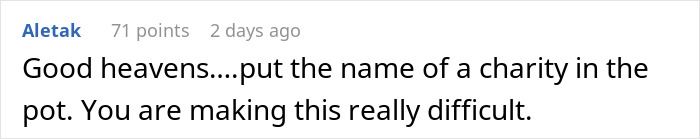 Comment on a forum, black text on white background, discussing difficulties with a Secret Santa organizer's rule for coworker participation.