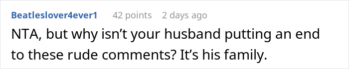 Screenshot of an online comment discussing a woman refusing to let her homeless sister-in-law move in and family conflict.