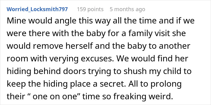Screenshot of a Reddit comment describing discomfort and concerns about leaving baby alone with mom or mother-in-law.