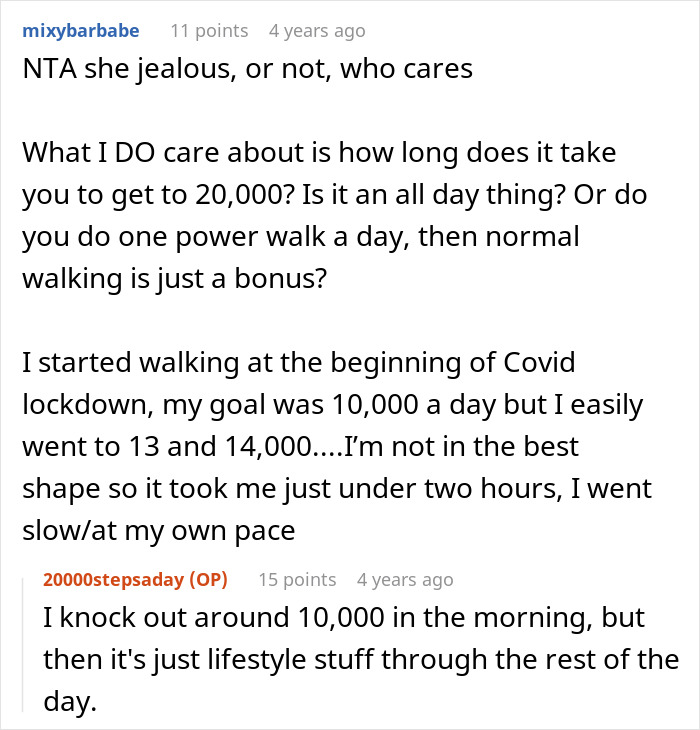 Online forum discussion about an avid walker maintaining 20K steps per day, facing criticism from sister-in-law.