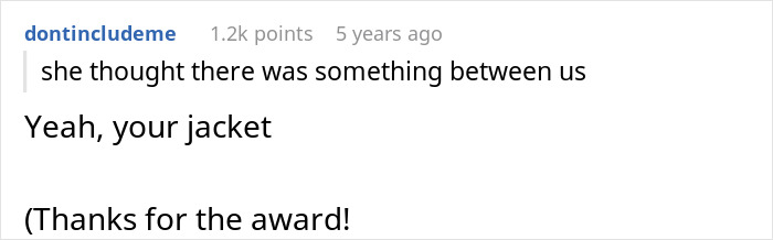 Screenshot of a Reddit comment thread where a user jokes about a misunderstanding involving feelings and a jacket.