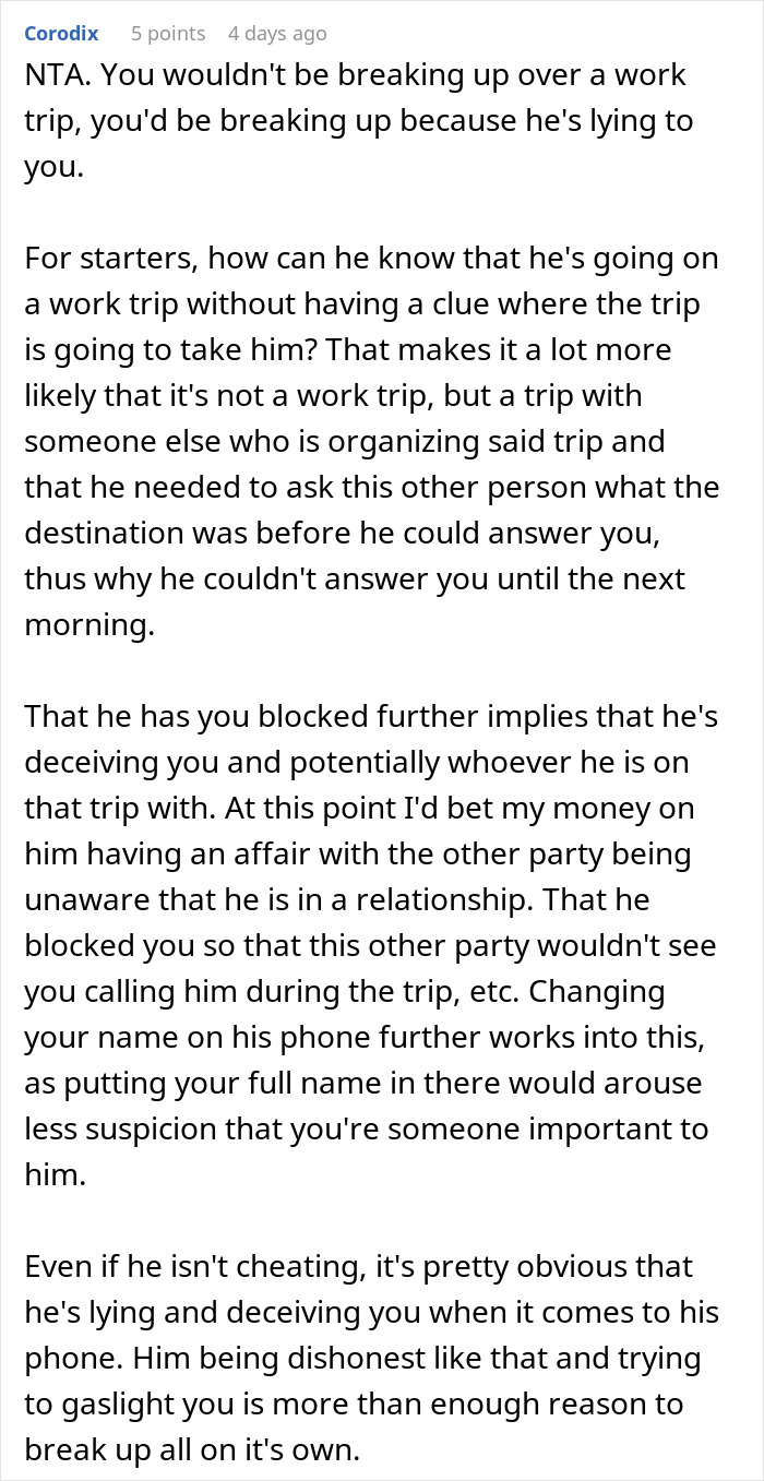 Alt text: Man&rsquo;s suspicious work trip causes girlfriend to rethink their relationship over possible deception and blocking.