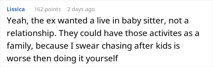 Screenshot of a Reddit comment discussing a man wanting a live-in babysitter rather than a partner in a relationship.