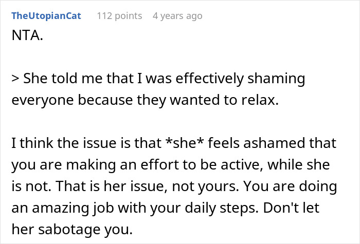 Reddit comment advising not to be shamed for doing daily 20K steps and encouraging persistence despite criticism from sister-in-law.
