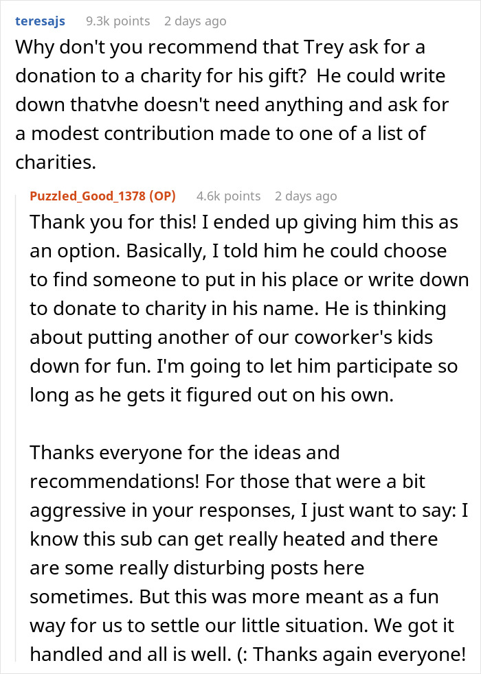 Conversation about secret Santa organizer enforcing participation rules if coworker declines receiving a gift.
