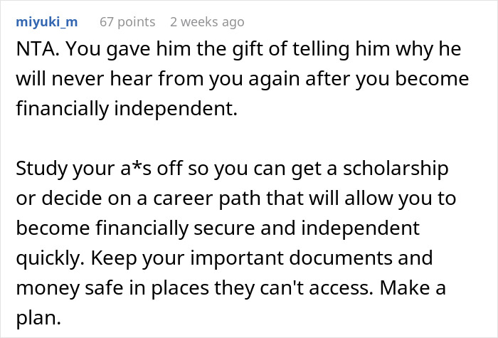 Screenshot of a Reddit comment advising a teen on giving his father a reality check as a meaningful gift on his 50th birthday.