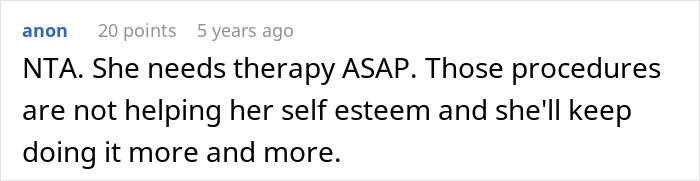 Screenshot of an online comment discussing a woman asking her husband about her plastic surgeries and his honest reaction.