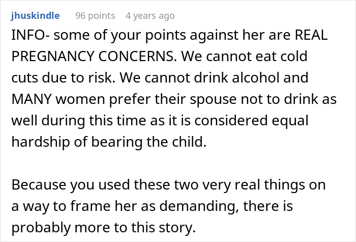 Comment discussing real pregnancy concerns like dietary and alcohol restrictions amid MIL and DIL conflict over pregnancy complaints.