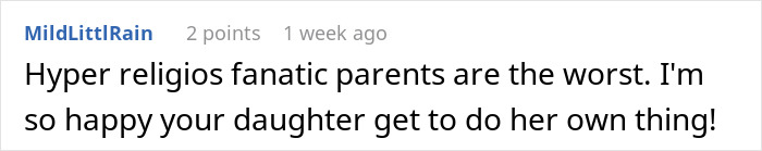Comment about religious fanatic parents supporting daughter's paganism, highlighting tensions with in-laws mocking beliefs and bringing forbidden foods.