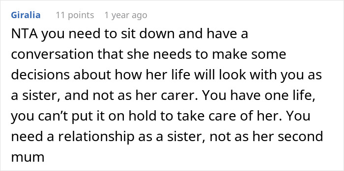 Screenshot of a Reddit comment discussing the frustration of a caretaker snapping at her sister after years of sacrifice and guilt trips.