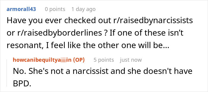 Screenshot of a Reddit conversation about a woman wanting to skip Thanksgiving after receiving an unhinged text from her mom. Screenshot of a Reddit conversation about a woman wanting to skip Thanksgiving after receiving an unhinged text from her mom.