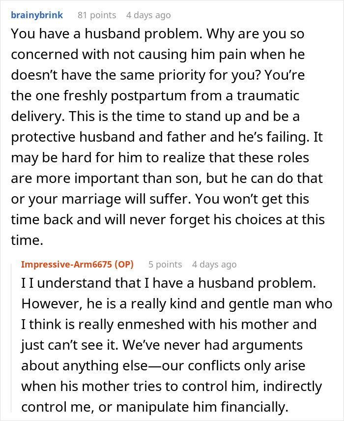 Text conversation showing a new mom recovering from childbirth, fighting MIL&rsquo;s demands to honor her culture in baby&rsquo;s name.