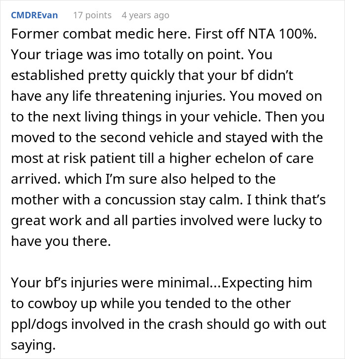 Comment from former combat medic praising nurse girlfriend's triage during car crash prioritizing dogs and baby care.
