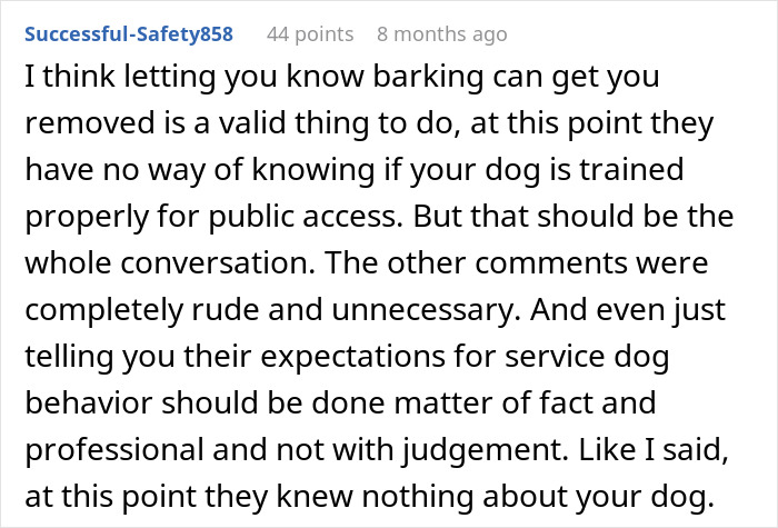 Reddit comment discussing Disneyland security questions about a disabled woman bringing a service dog and service dog behavior expectations.