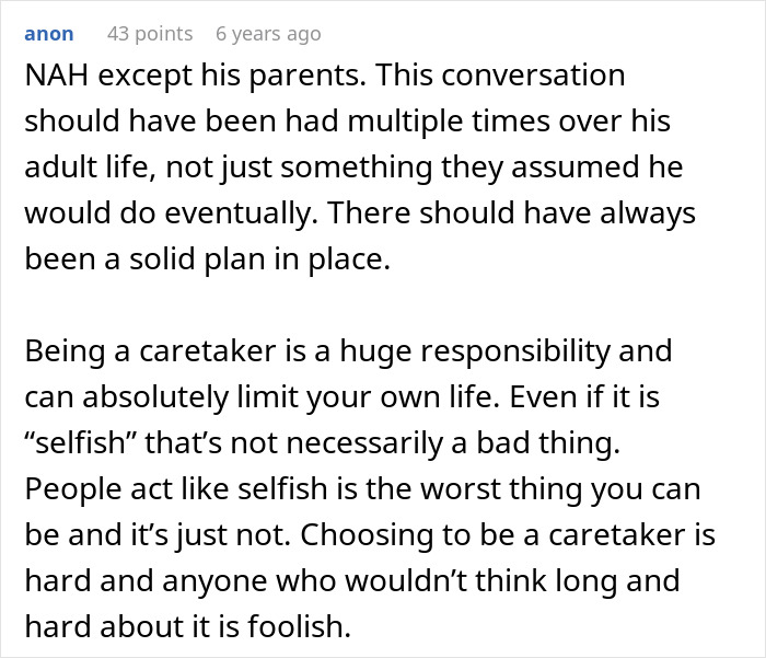 Screenshot of a forum comment discussing the challenges of caring for a disabled brother and caretaker responsibilities. Screenshot of a forum comment discussing the challenges of caring for a disabled brother and caretaker responsibilities.