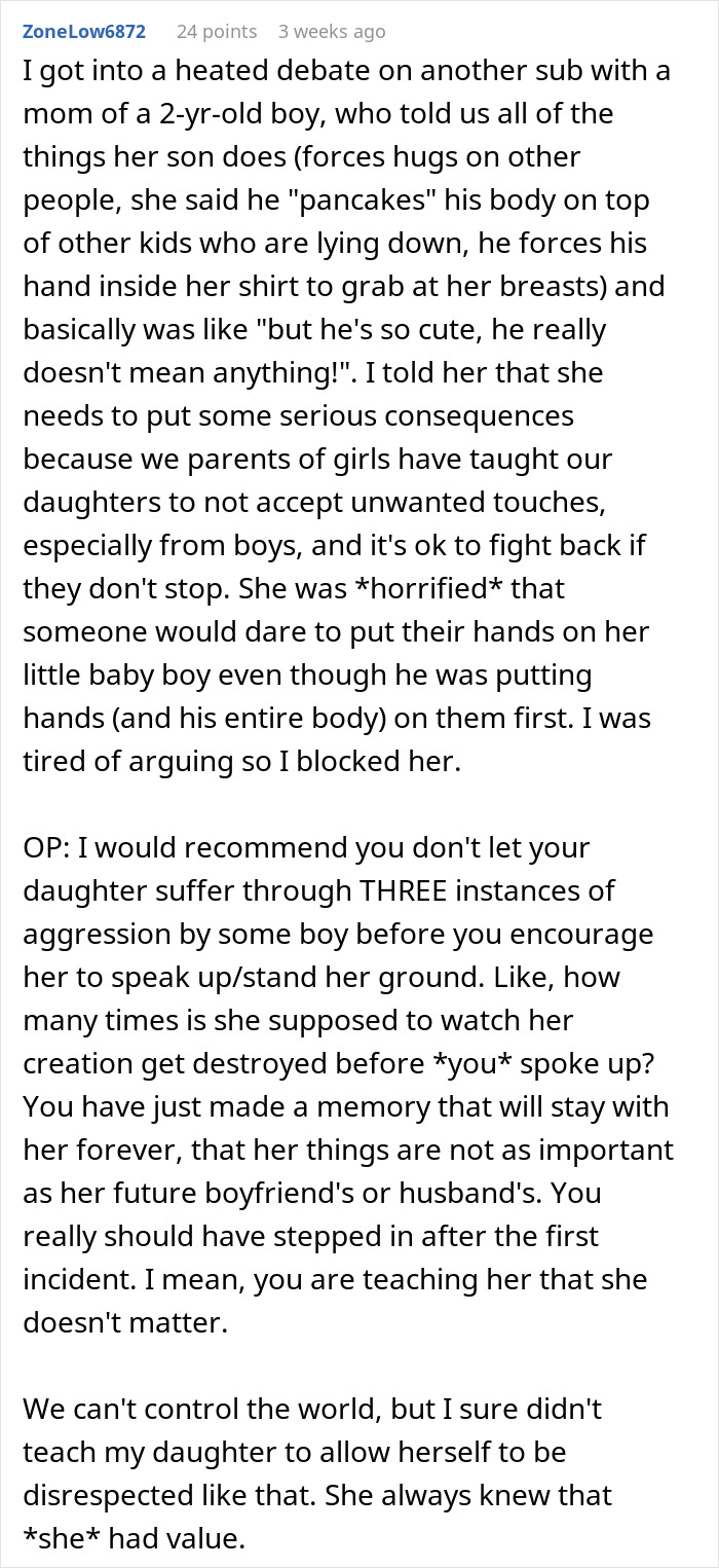 Text discussing a mom refusing to discipline her son for bullying a girl, blaming behavior on his gender.