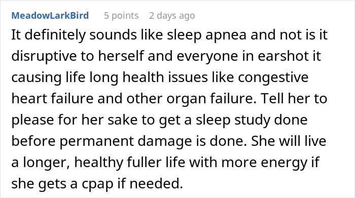 Commenter discussing sleep apnea risks and recommending a sleep study for a roommate's disruptive snoring causing sleepless nights.