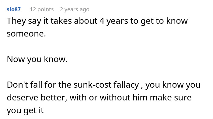 Screenshot of a Reddit comment advising not to fall for sunk-cost fallacy after a man lies about a master&rsquo;s degree.