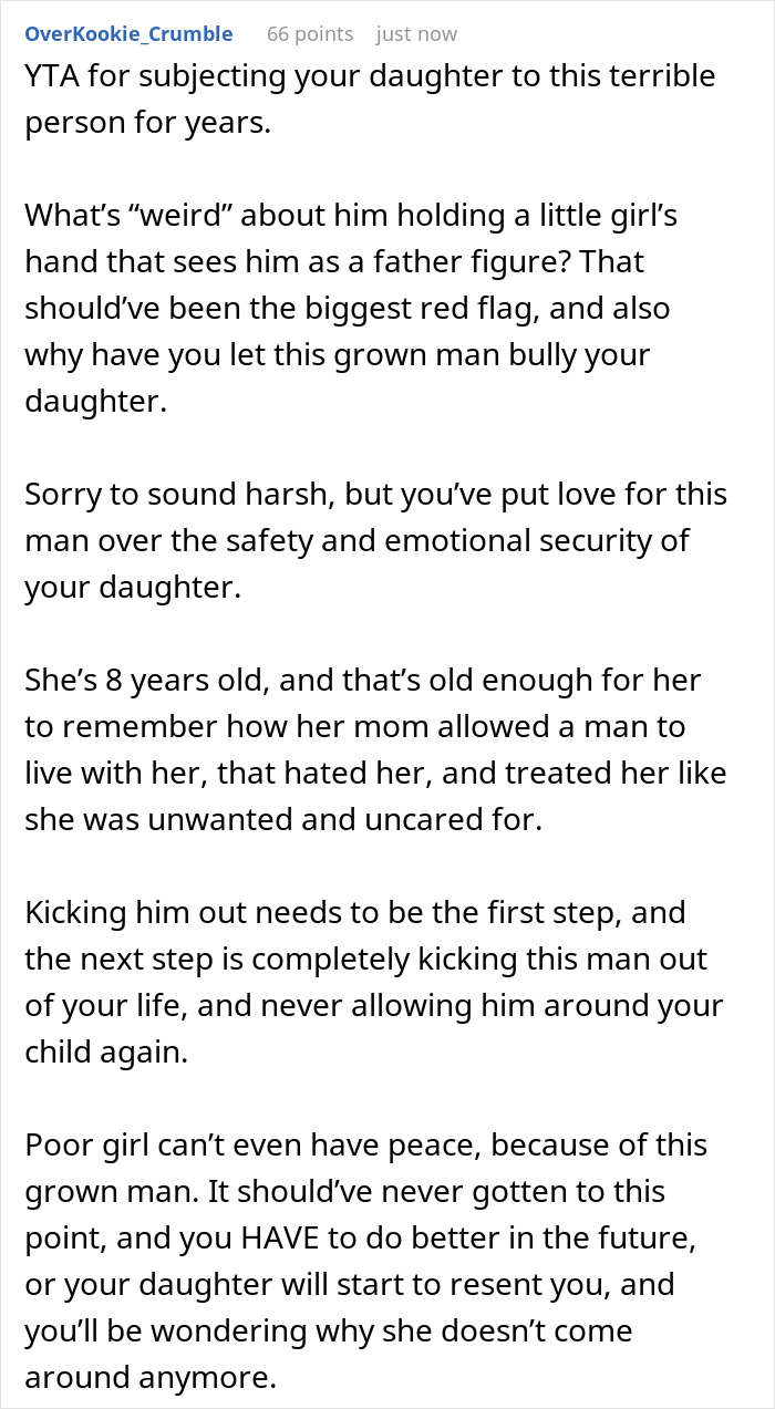 Reddit comment discussing a boyfriend’s harmful behavior toward daughter in a boyfriend daughter snitch drama situation. Reddit comment discussing a boyfriend’s harmful behavior toward daughter in a boyfriend daughter snitch drama situation.